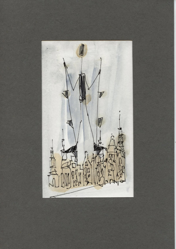 Steltloper boven de stad