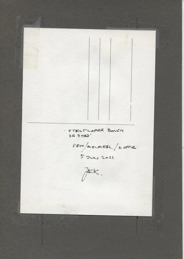 Steltloper boven de stad (Backside)